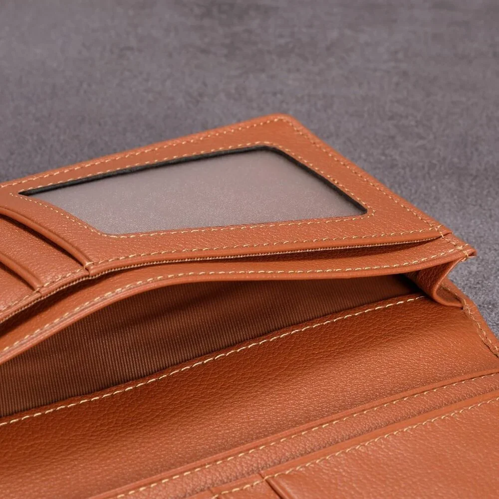 Men's Dark Tan Full Grain Leather Long Bifold Wallet Credit Card Slots Style